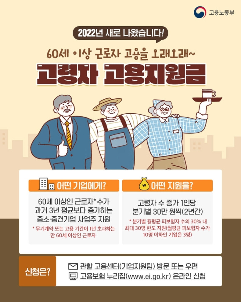 60세 이상 근로자 수 늘린 중소기업에 1인당 분기별 30만원 지원_고용노동부