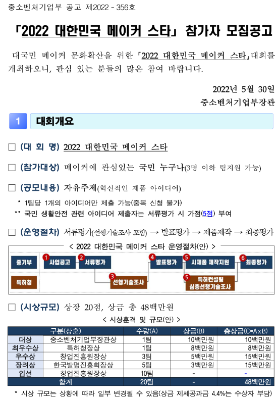 2022년 대한민국 메이커 스타 참가자 모집 공고