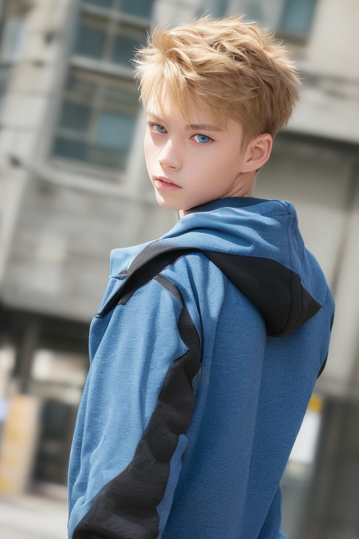 [Boy-103] Free Ai images of blond and blue eyes youth boy against a city background