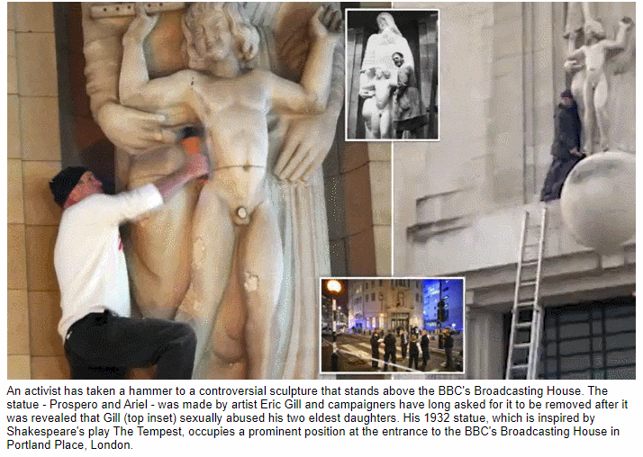 소아성애자 조각가의 수모 VIDEO: Man scales BBC Broadcasting House and spends four hours destroying sculpture by paedophile artist Eric Gill