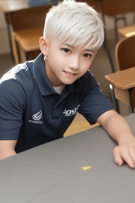 [Boy-051] boy, man, white hair, handsome, cute, teen, teenage, student, school, classroom background, free images, Ai images