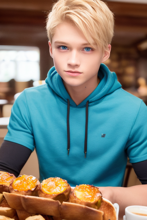 [Boy-190] Free Ai illustrated image of a blond boy eating at a restaurant