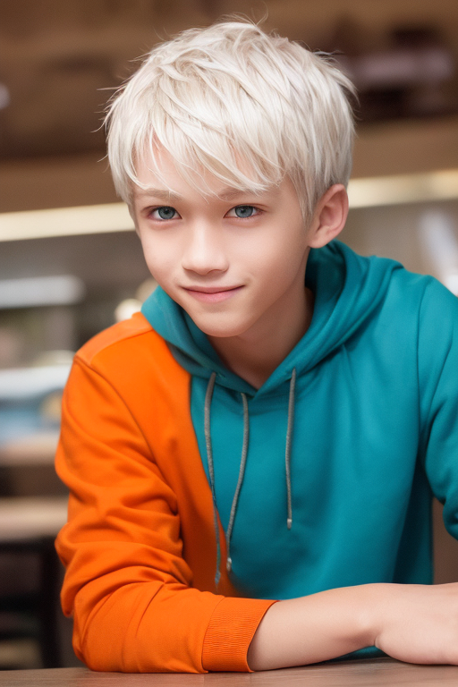 [Boy-085] white hair and blue eyes boy with smile in inner background