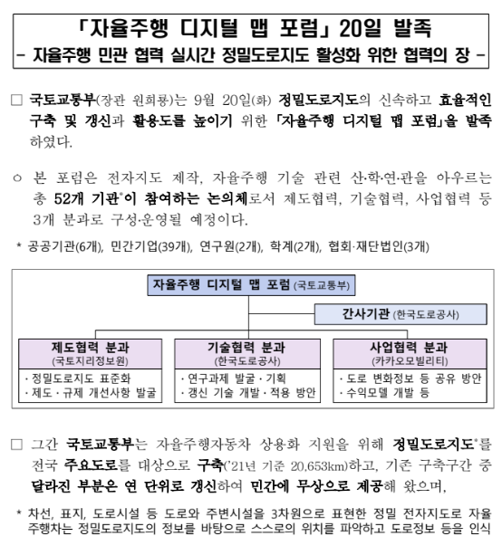「자율주행 디지털 맵 포럼」20일 발족