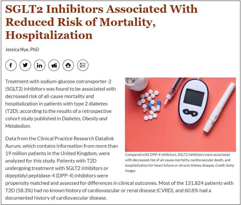 SGLT2, ‘혈당 관계없이’ 당뇨 환자에 적극 사용 권고 SGLT2 Inhibitors Associated With Reduced Risk of Mortality, Hospitalization