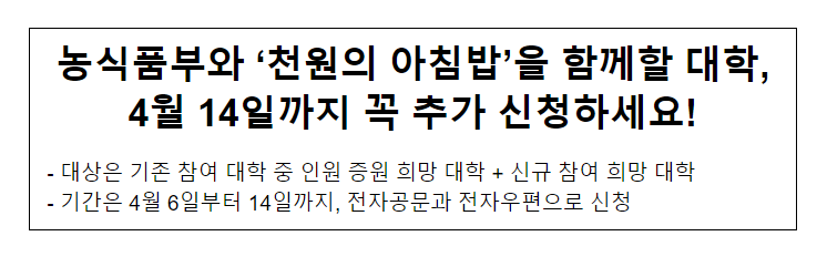 농식품부와 ‘천원의 아침밥’을 함께할 대학, 4월 14일까지 꼭 추가 신청하세요!