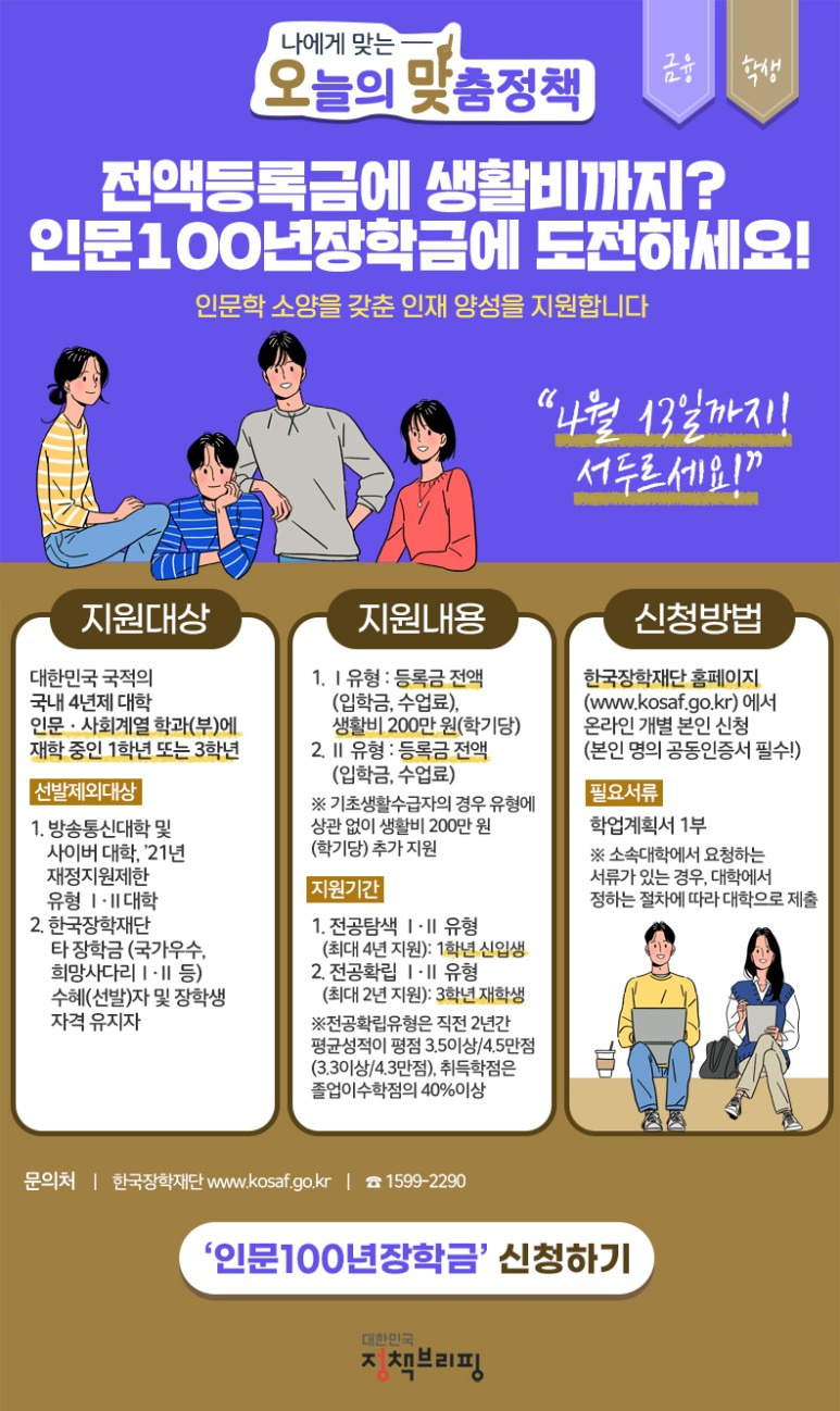 전액등록금에 생활비까지 주는 장학금이 있다고?…13일 신청마감(인문100년 장학금)