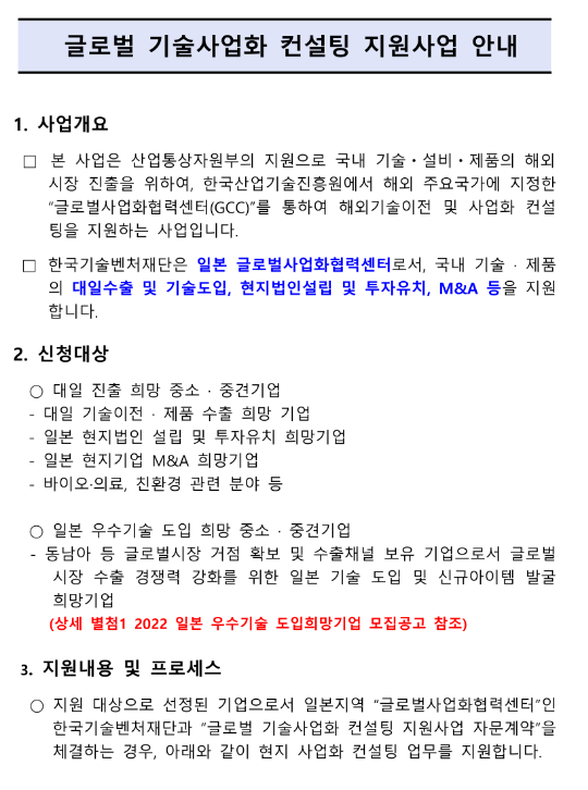 2022년 일본지역 글로벌 기술사업화 컨설팅 지원사업 모집 공고