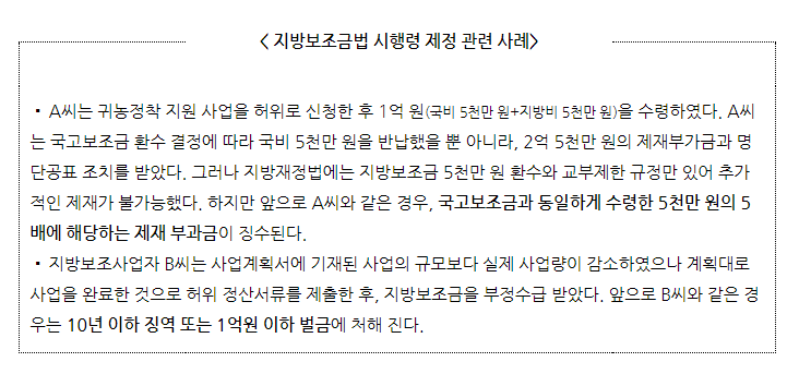 [행정안전부] 지방보조금 부정수급 시 5배 반납해야, 통합 관리시스템 구축(부정수급 최대 10년 징역·1억 벌금, 보조금 총액 5배 이내 제재부가금 징수)