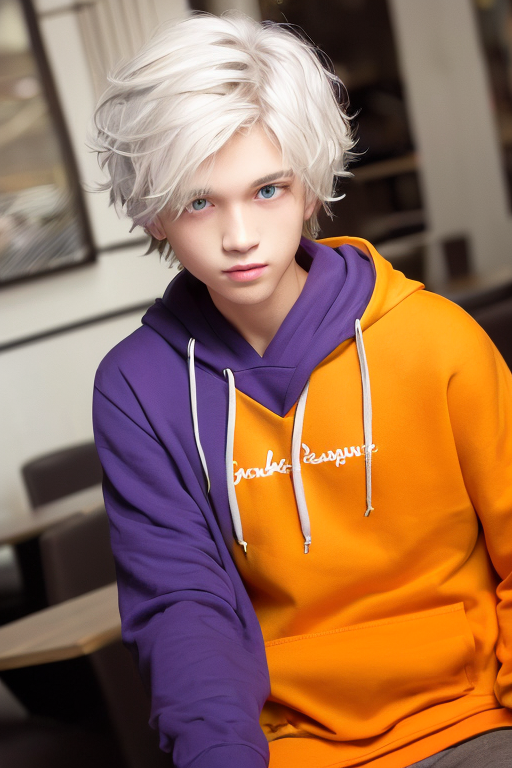[Boy-086] boy, man, white hair, Blue eyes, handsome, cute, teen, teenage, cafe & restaurant background, free images, Ai images