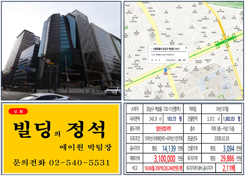 [강남구 빌딩매매사례]역삼동 720-7(선릉역) 310억, 평당2억9,886만원