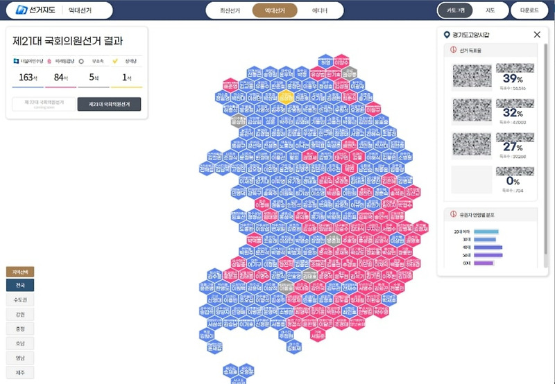 웨이버스 맵픽 분석 카토그램 공개 총선 결과 선거 지도 손쉽게