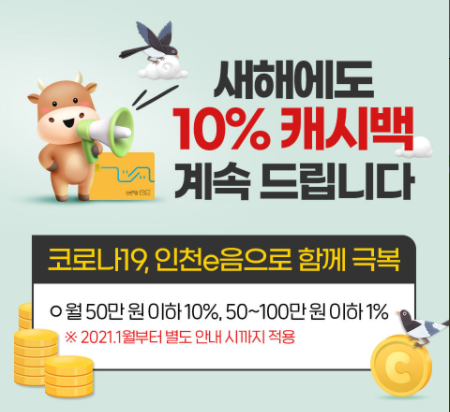 인천 e음카드 캐시백 10% 혜택 2021년에도 이어진다