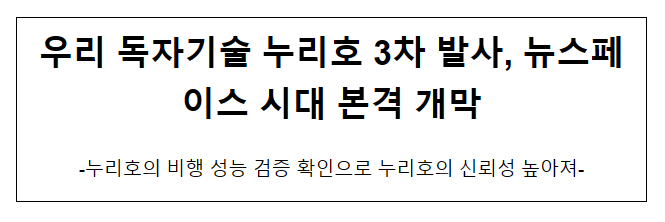 우리 독자기술 누리호 3차 발사, 뉴스페이스 시대 본격 개막