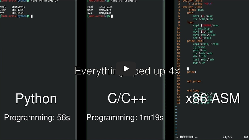 파이썬 C언어 어셈블러 코딩속도 및 실행속도 차이