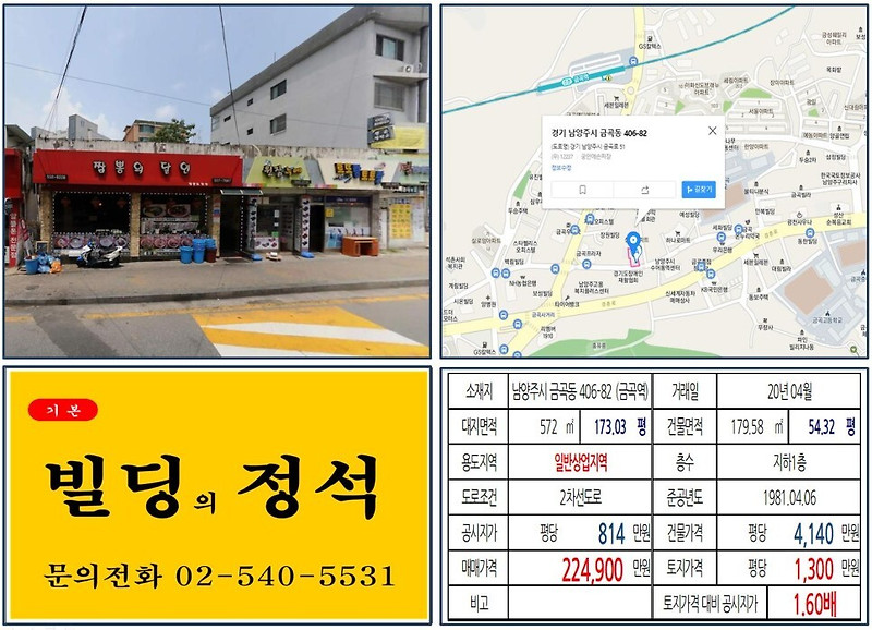 [남양주시 남양주시청 일반상업지역 신축부지 20억 꼬마빌딩 실거래가 조회] 금곡동 406-82 (금곡역) 22억 4,900만 원, 평당 1,300만 원 매매되었습니다.