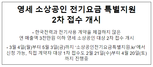 영세 소상공인 전기요금 특별지원 2차 접수 개시