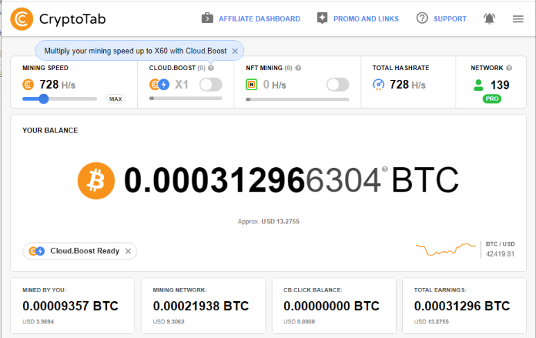 크립토탭 CryptoTab 브라우저를 통한 비트코인 채굴 현황 및 채굴 네트워크 139명 (2022.02.15)
