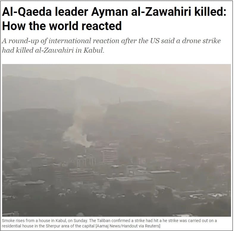 미군, 빈 라덴의 후계자 알카에다 수장 ' 아이만 알자와히리' 제거 VIDEO: Al-Qaeda leader Ayman al-Zawahiri killed: How the world reacted
