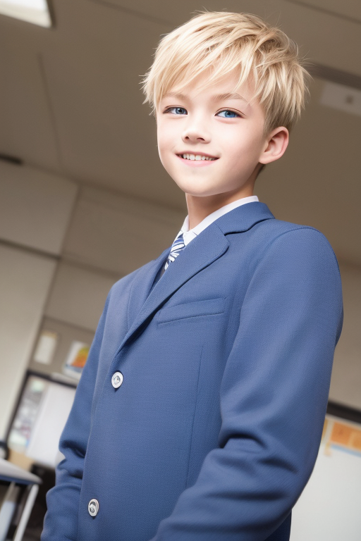 [Boy-145] Free image of a handsome blond-haired & blue-eyed boy (student) in a classroom