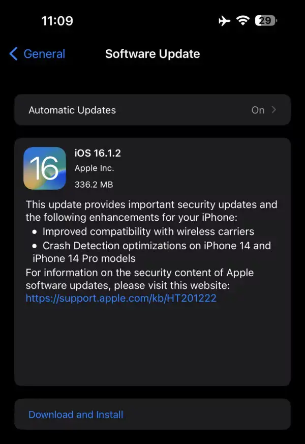 다운로드: Apple, 충돌 감지 최적화 등을 포함한 iOS 16.1.2 출시