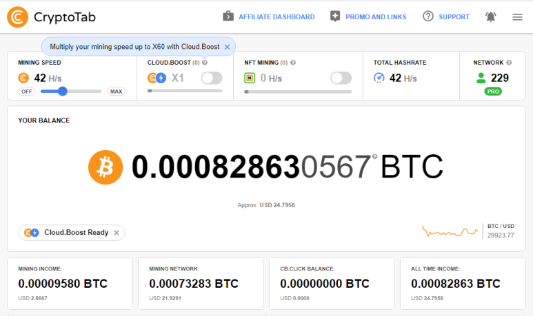크립토탭 CryptoTab 브라우저를 통한 비트코인 채굴 현황 및 채굴 네트워크 229명 (2022.06.07)