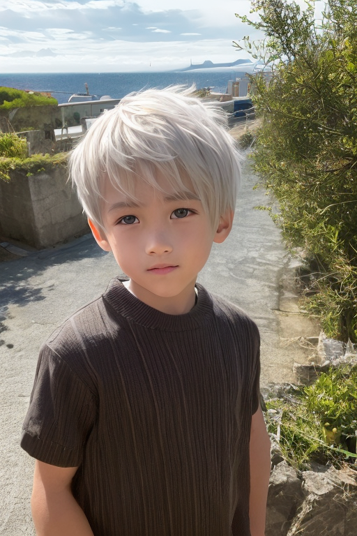 [Boy-015] White haird boy who stay in a street, Ai Images