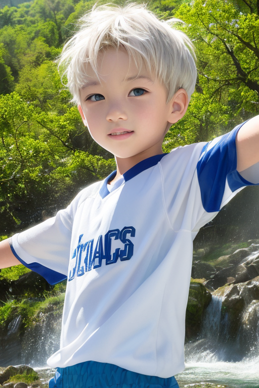 [Boy-026] boy, man, white hair, Blue eyes, handsome, cute, teen, teenage, Forest, stream, nature background, free images, Ai images