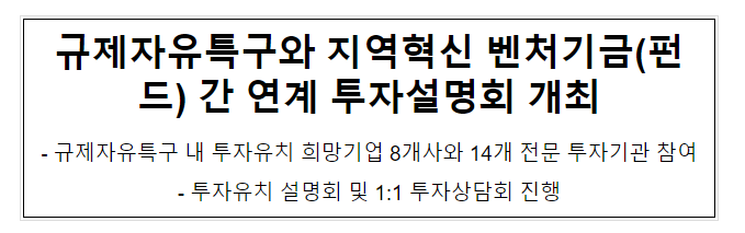 규제자유특구와 지역혁신 벤처기금(펀드) 간 연계 투자설명회 개최