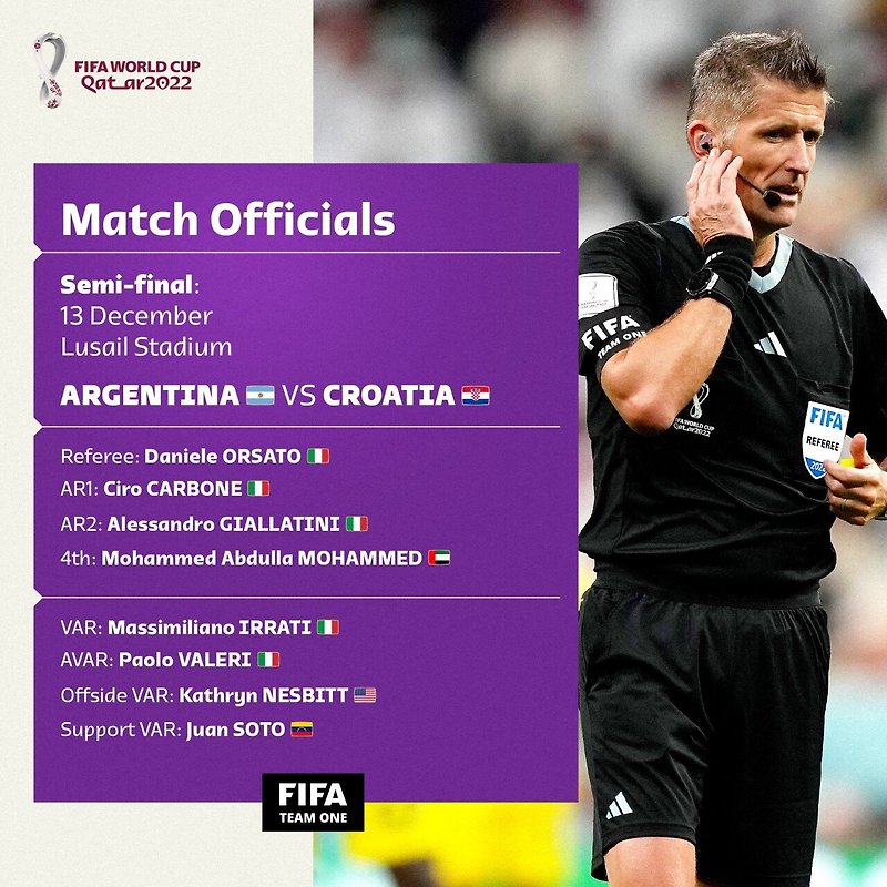 아르헨티나 vs 크로아티아 심판진 공개 (카타르 월드컵 4강)