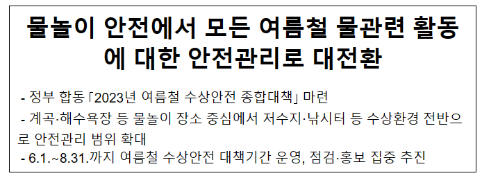 물놀이 안전에서 모든 여름철 물관련 활동에 대한 안전관리 대전환