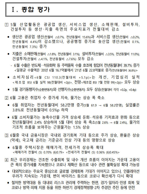 [기획재정부] 2021년 7월 최근경제동향(고용, 물가, 재정, 부동산, 금융외환시장,한국GDP,소비,투자,세계경제 등)