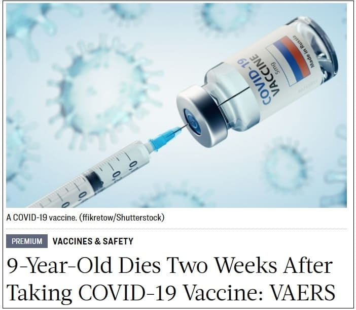 캘리포니아 9살 어린이 코로나 백신 접종 후 2주 내 사망 9-Year-Old Dies Two Weeks After Taking COVID-19 Vaccine: VAERS