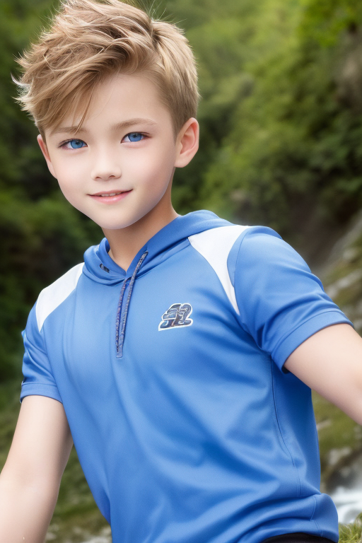 [Boy-127] This is a free picture of a blond boy with blue eyes playing in the water in a valley