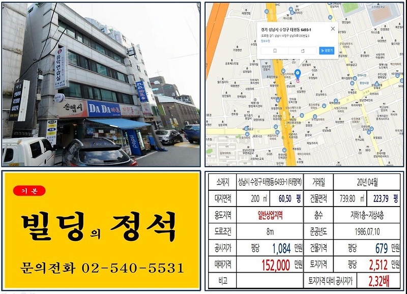 [성남구 일반상업지역 10억 꼬마빌딩 실거래가 조회] 태평동 6493-1 (태평역) 15억 2,000만 원, 평당 2,512만 원 매매되었습니다