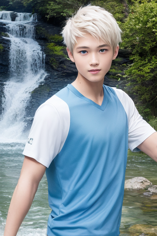 [Boy-021] boy, man, white hair, Blue eyes, handsome, cute, teen, teenage, Forest, stream, nature background, free images, Ai images