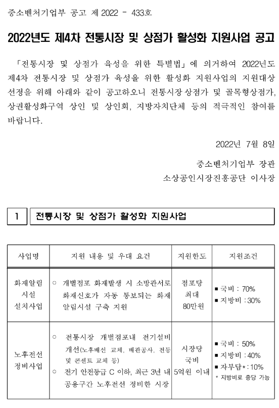2022년 4차 전통시장 및 상점가 활성화 지원사업 모집 공고