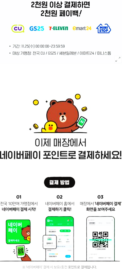 [2020년 11월 25일 놓치지 말아야할 혜택-두번째!] 네이버페이 편의점결제 2,000원 페이백 행사!