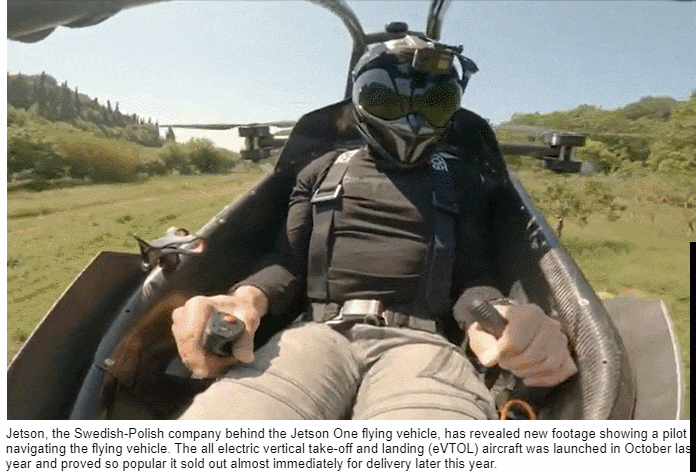 누구나 비행할 수 있게 만들어진 '젯슨 원' 비행 차량 VIDEO: Pilot navigates flying vehicle 'Jetson One' designed for anyone to fly
