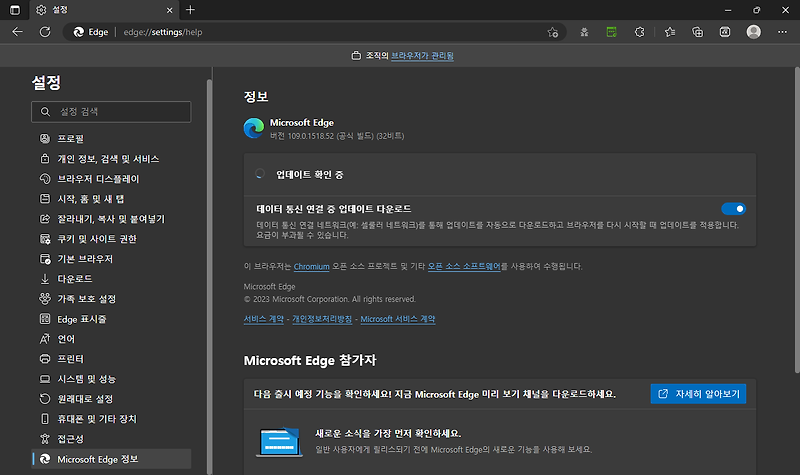Microsoft Edge 109(마이크로소프트 엣지 109) 텍스트 예측 기능 및 보안 수정 업데이트