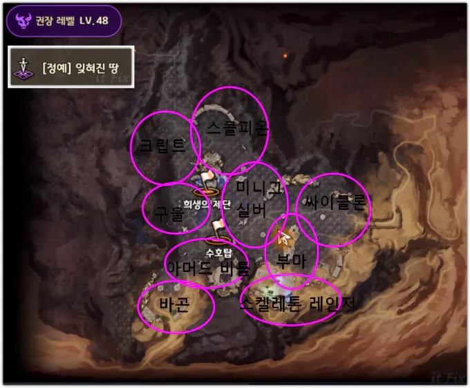 프리스톤테일m, 정예 잊혀진 땅 정예 몹 분포도