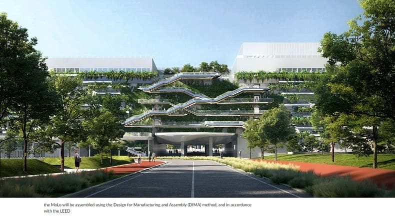 [#선진국의 디자인] MAD, 밀라노 모빌리티와 물류 허브의 역동적 게이트웨이 단지 디자인 Lush vertical gardens and sculptural stairs meld into MAD architects' mobility hub in milan