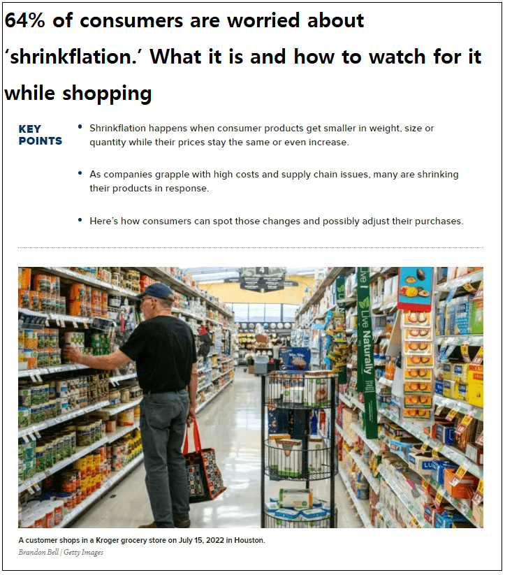 [인플레이션 여파] 슈링크플레이션..미국 소비 시장 가격 대신 용량 줄여 VIDEO: 64% of consumers are worried about ‘shrinkflation.’