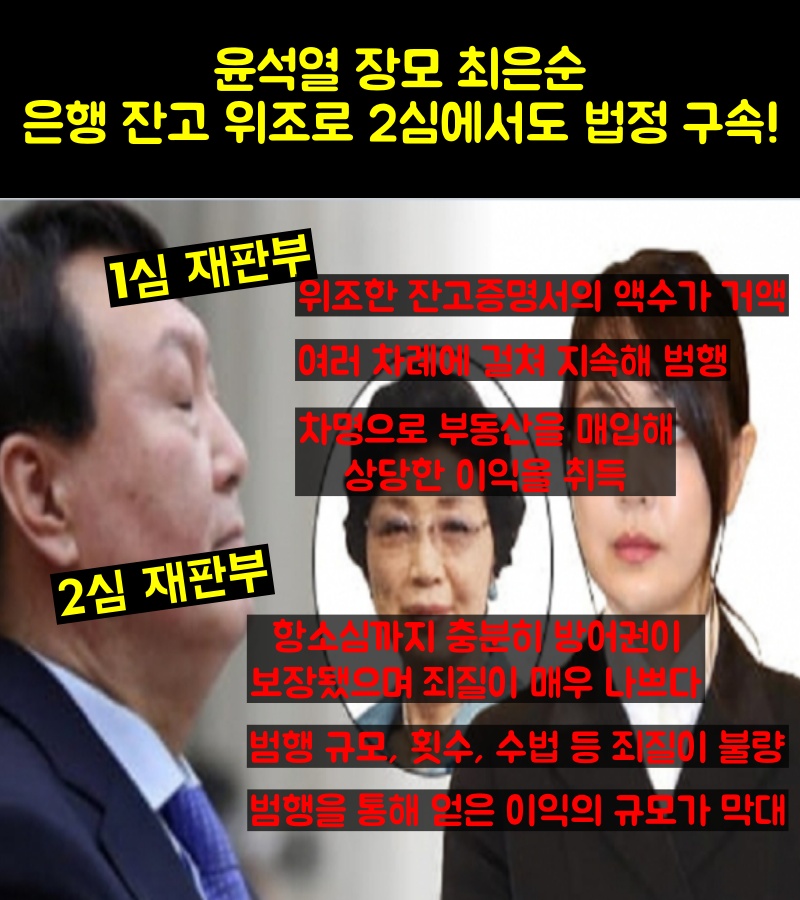 윤석열 장모 최은순, 은행 잔고 위조로 2심에서도 법정 구속!!