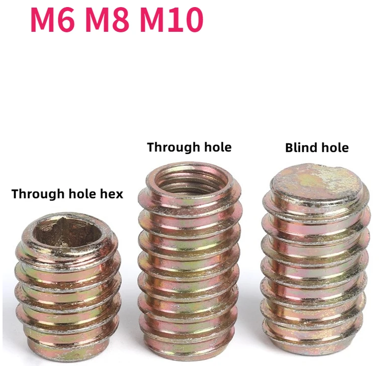 M6, M8, M10의 내부 및 외부 톱니 너트 견고한 목재 연결을 위한 육각 소켓 너트, 스트레이트 스루 임베디드 너트