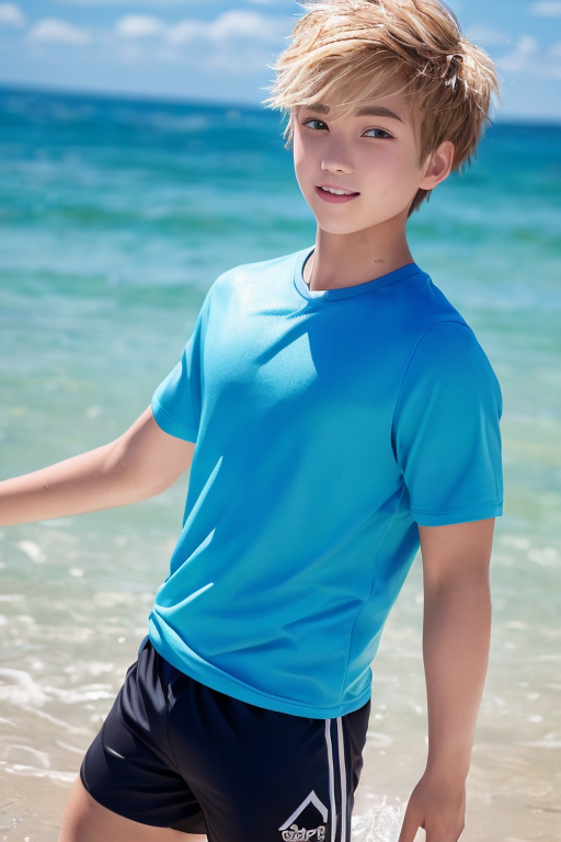 [Boy-179] Blonde male, boy character Ai free illustration image painting set in the blue sea in summer