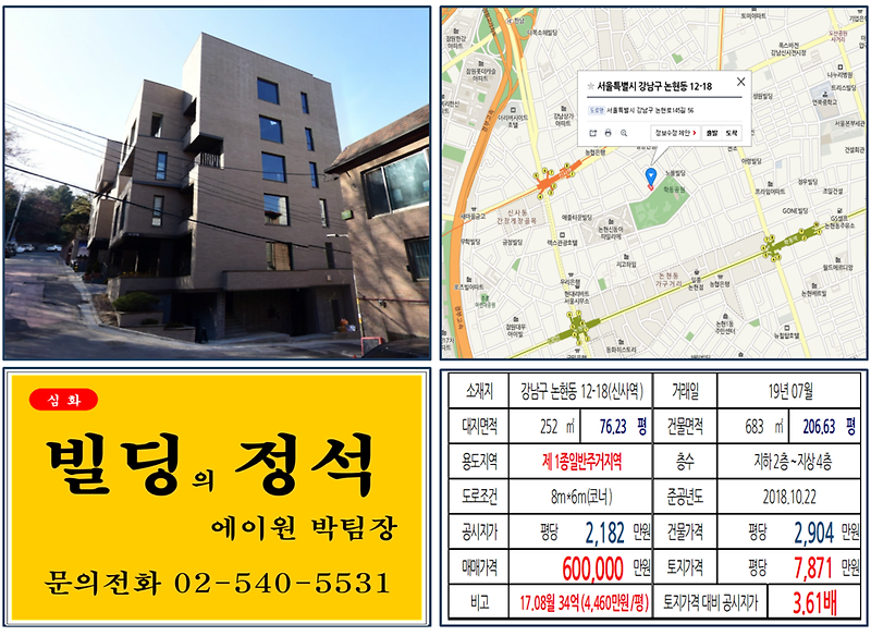 [강남구 빌딩매매사례]논현동 12-18(신사역) 60억, 평당7,871만원
