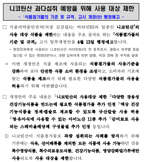 니코틴산 과다섭취 예방을 위해 사용 대상 제한
