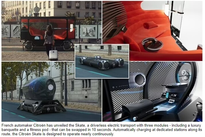 3개의 '팟(POD)' 달린 시트로엥의 자율 전기 자동차 VIDEO:French car firm Citroën unveils revolutionary Skate self-driving vehicle which...