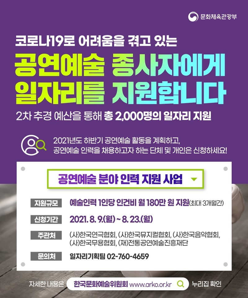 [문화체육관광부] 공연예술 인력을 채용하고자 한다면?..3개월간 월 180만원 지원